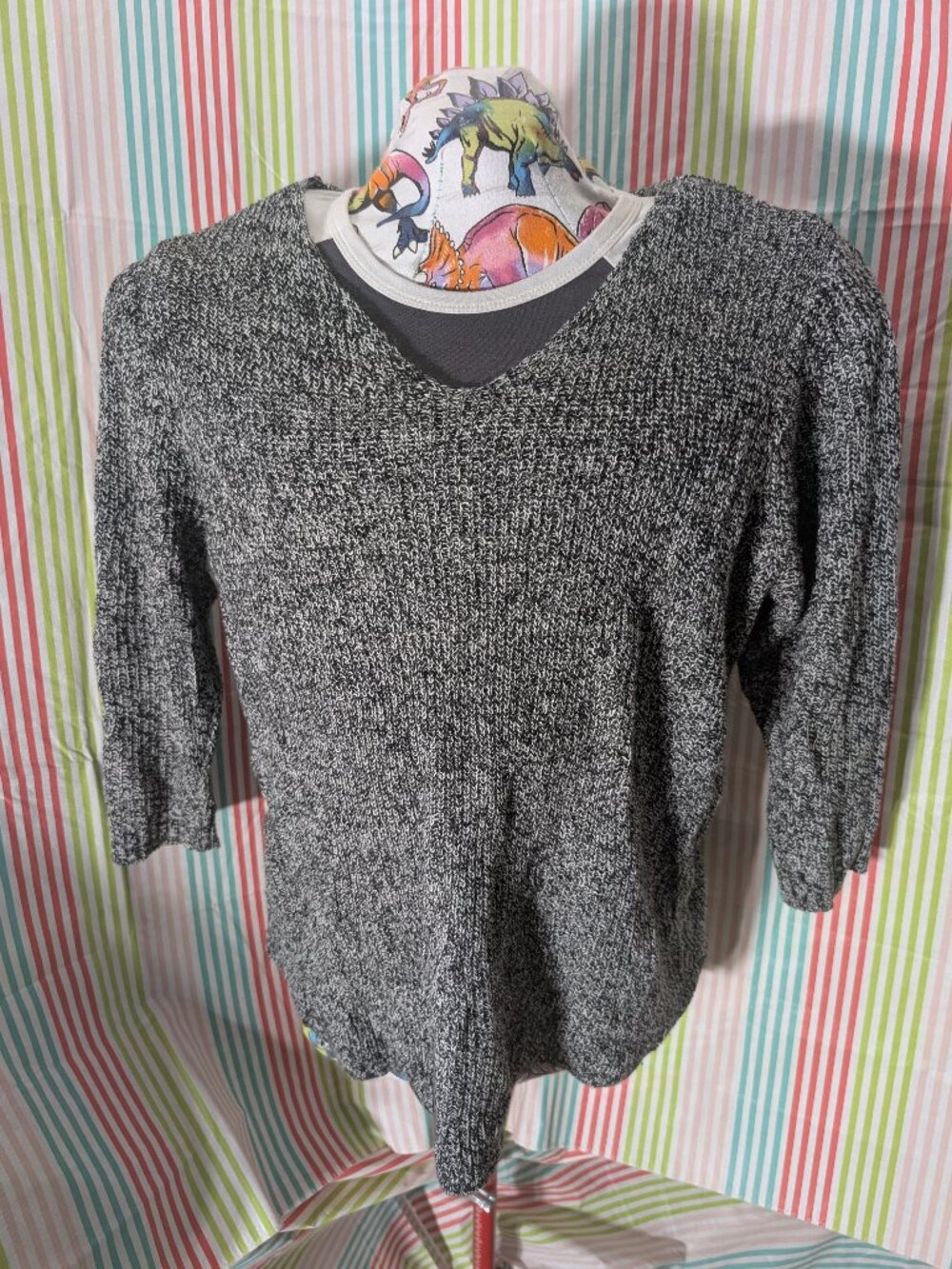 Faded Glory Marled Knit Sweater Women's XL Gray Black V-Neck 3/4 Sleeve
